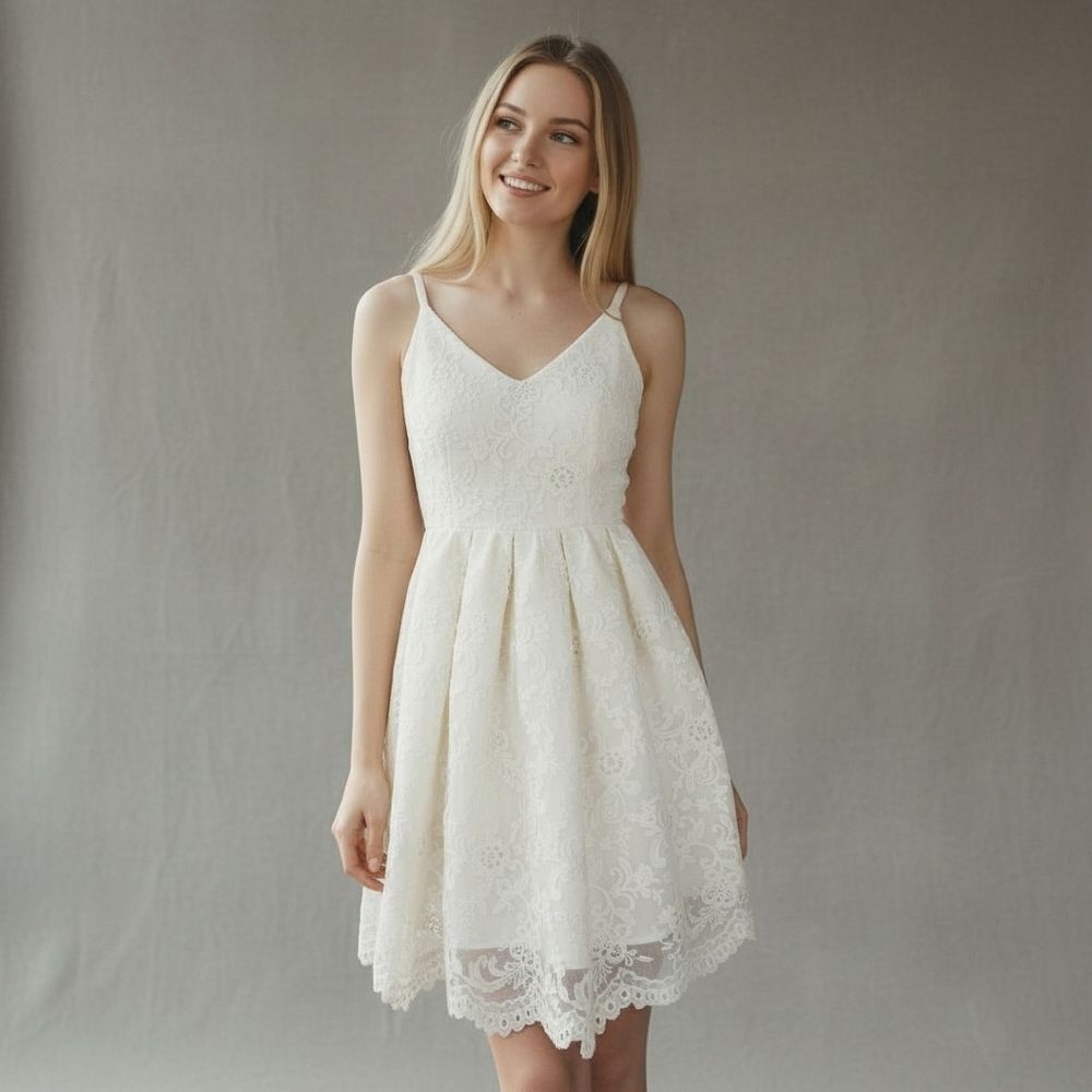Gracia Babydoll Cross Strap Open Back V-Neck Lace Mini Cocktail Dress in White M